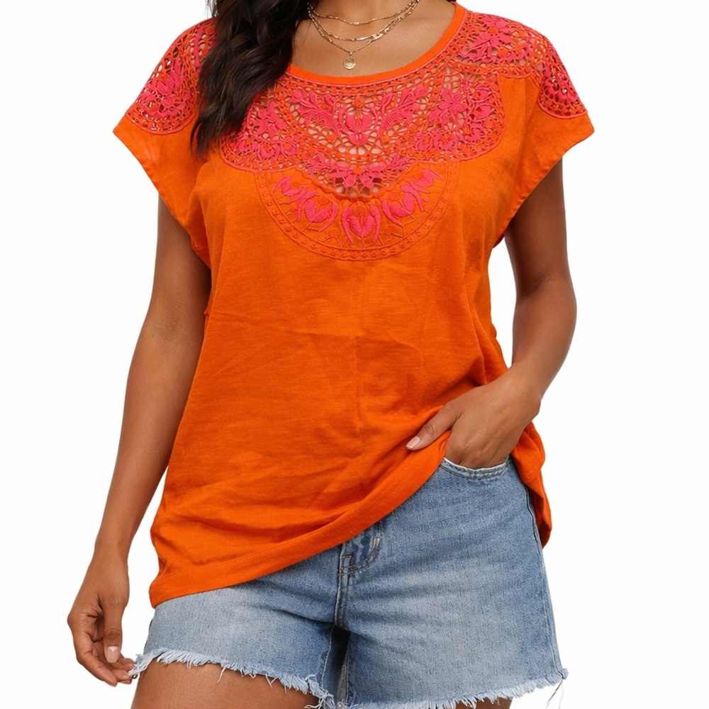 Boden x Anthropologie Orange Embroidered Lace Boho Top | Pink Detail